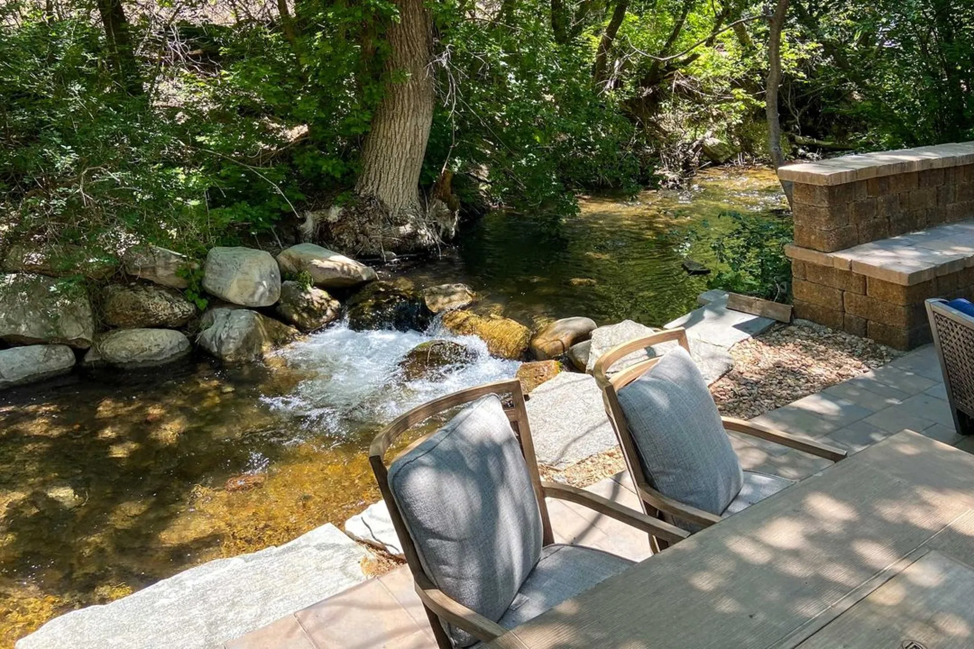 The mountain creek running behind the cabin's back patio